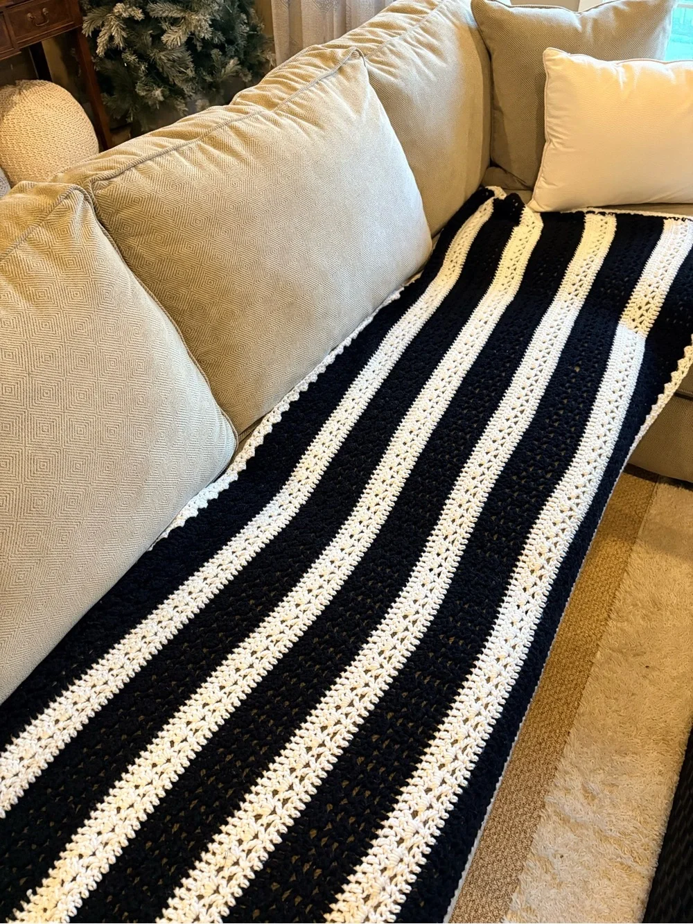 SOLD! Homemade Black & White Striped Crochet Throw Blanket, 84X 33in, blanket on